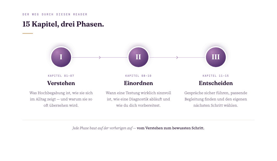 Reise-Schaubild: Die drei Phasen des Readers — Verstehen (Kap. 01–07), Einordnen (08–10), Entscheiden (11–15)